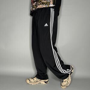 Vintage Y2K Adidas Sweatpants Mens 2XL Baggy Wide Black White Stripes Polyester